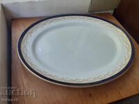 Tavă englezească uriașă, platou porțelan cobalt, margine aurie