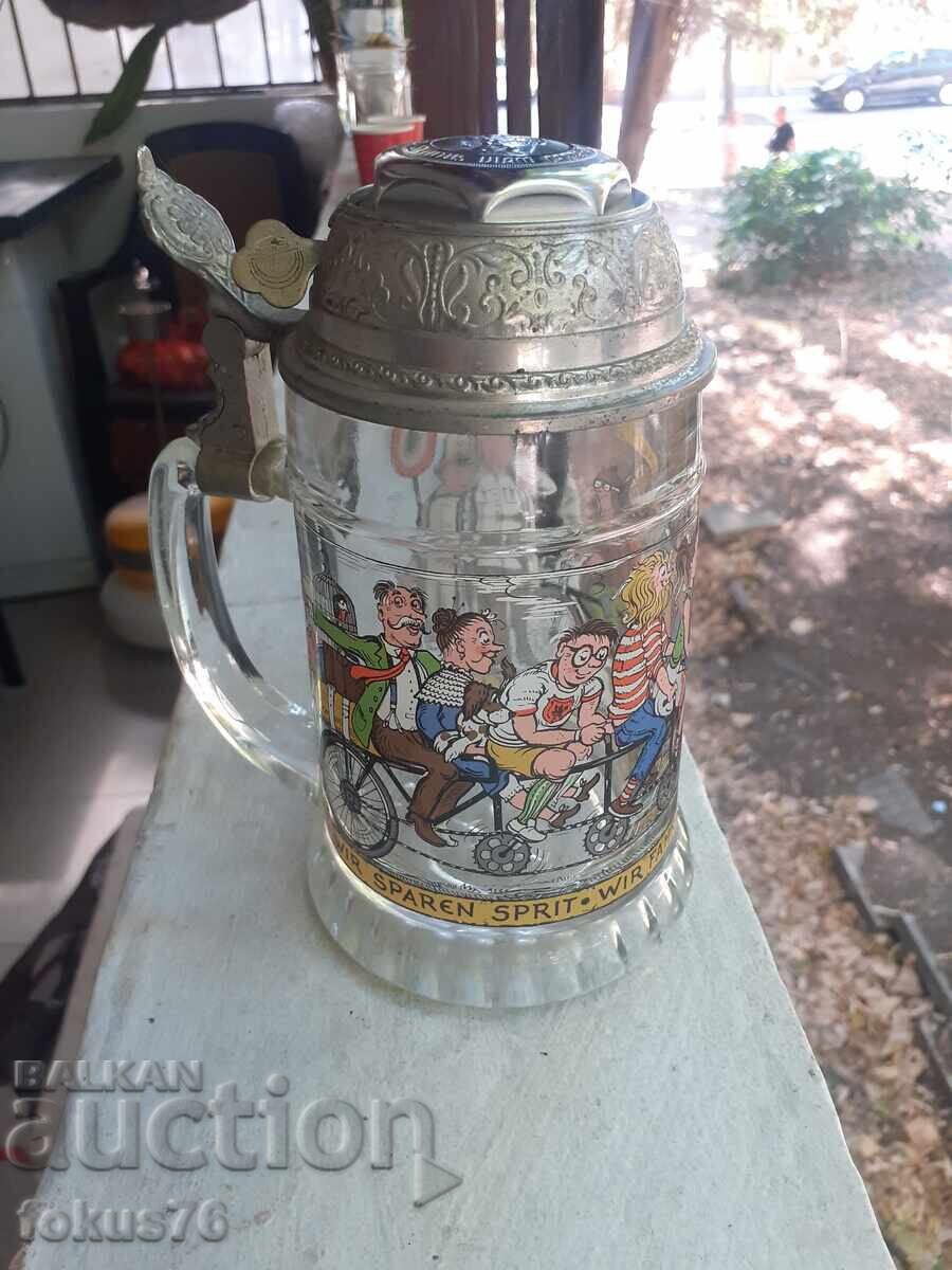 Cană germană veche de bere cu clopoțel