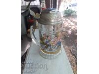 Cană germană veche de bere cu clopoțel