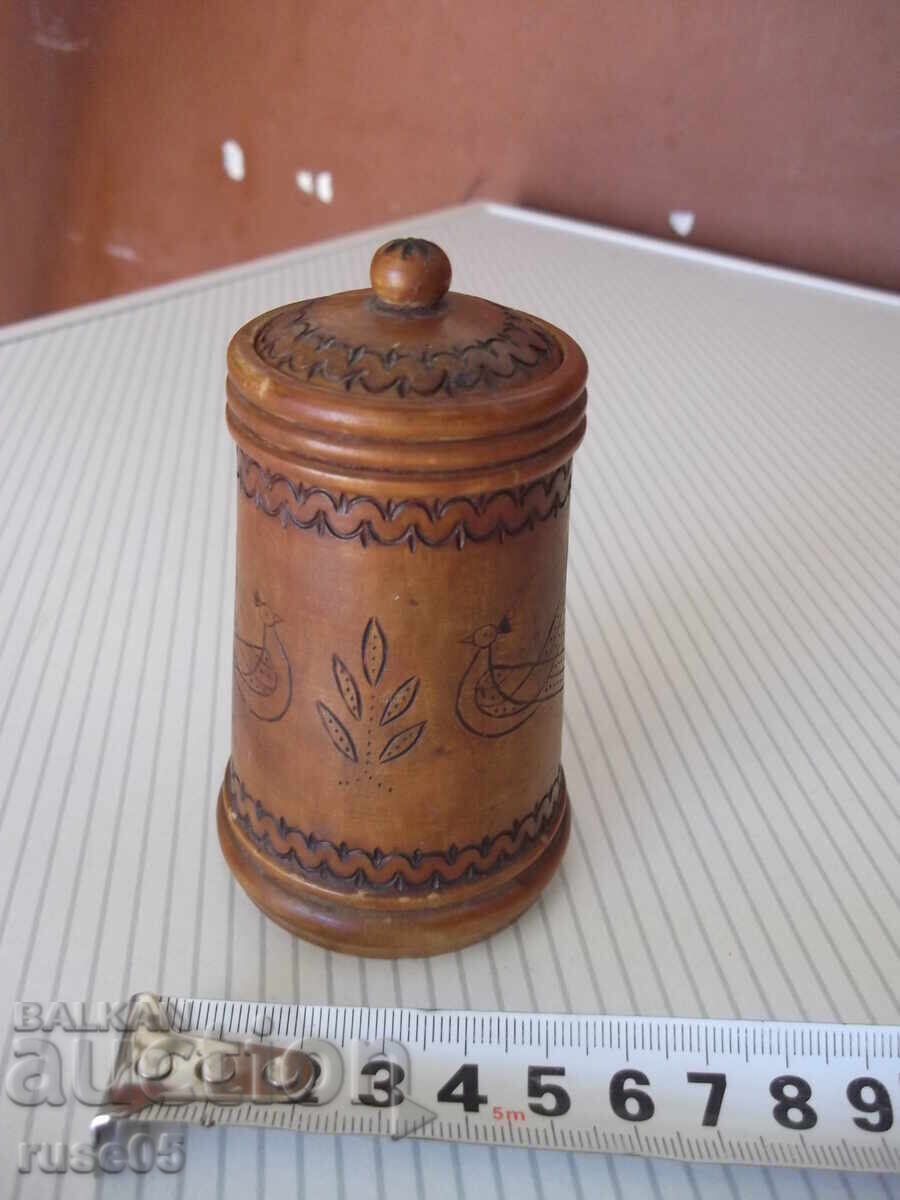Wooden pyrography cylindrical box with lid from the socialist era with price 10.00 BGN | € 5.11