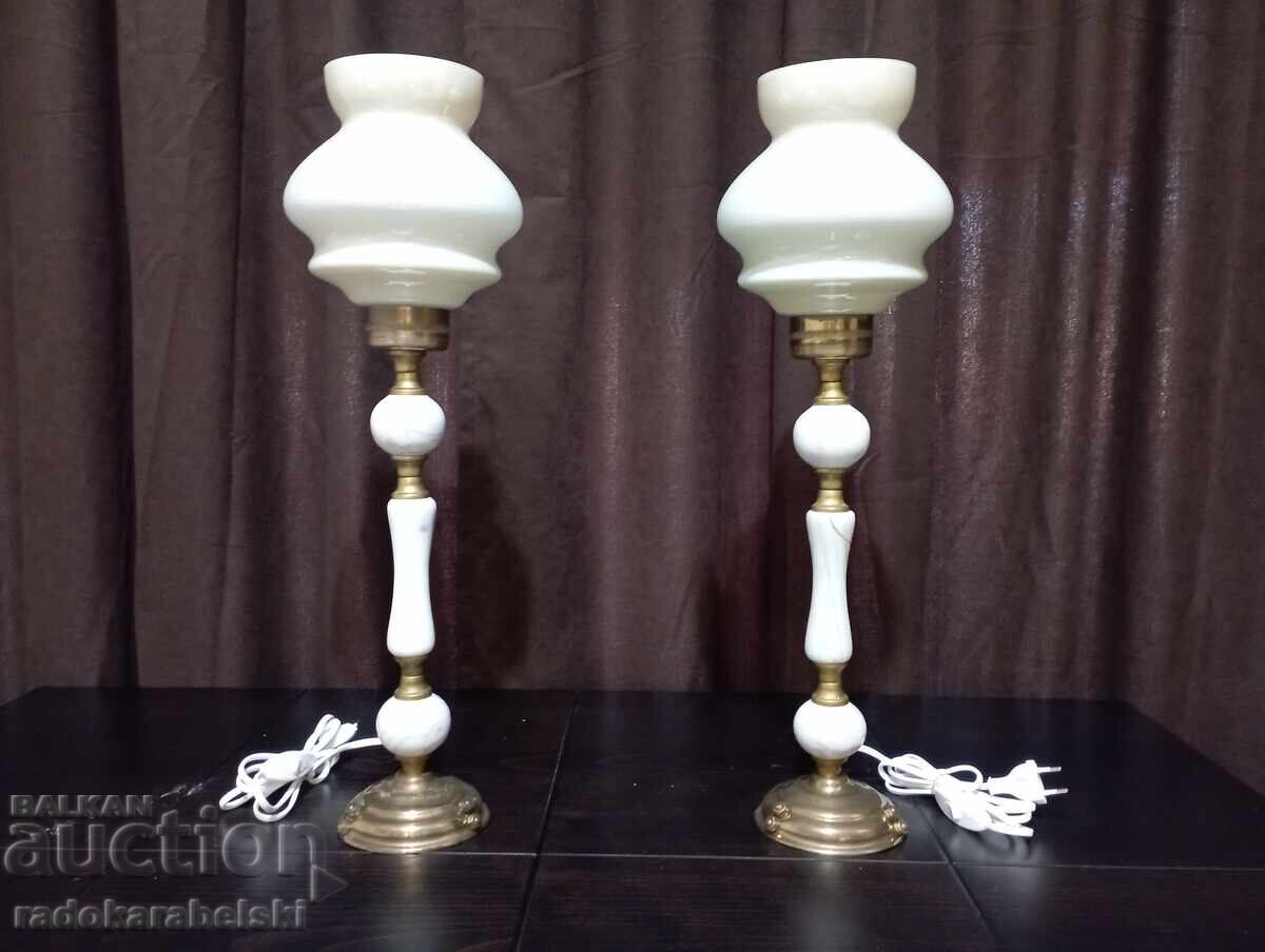 Set of two marble lamps with white glass shades Set of two marble lamps with white glass shades
