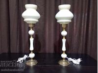 Set of two marble lamps with white glass shades