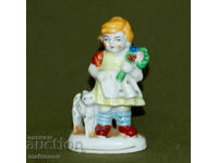 Figurină veche de porțelan, fetiță cu pisicuță