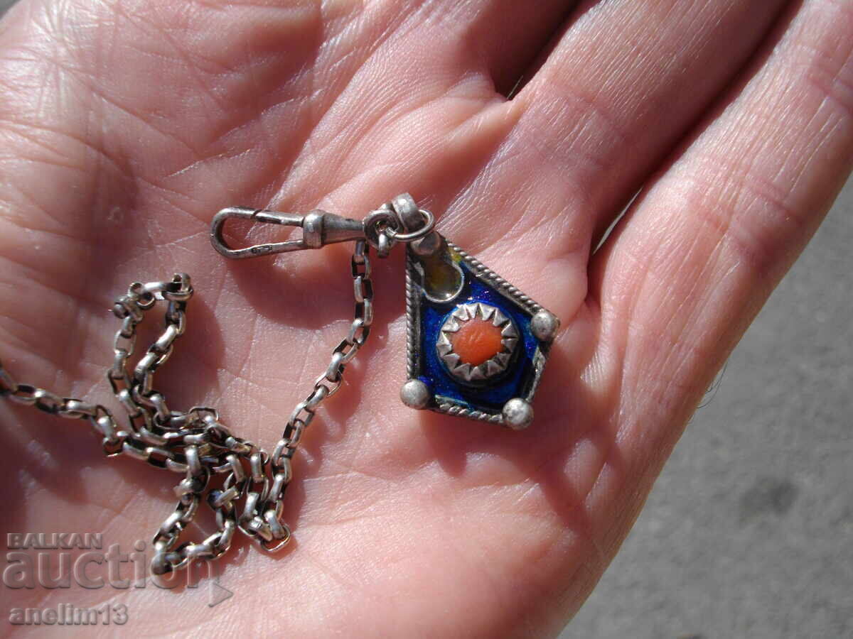 STAR SILVER PENDANT FOR POCKET WATCH SILVER ENAMEL CORAL - 5 STAR SILVER PENDANT FOR POCKET WATCH SILVER ENAMEL CORAL - 5