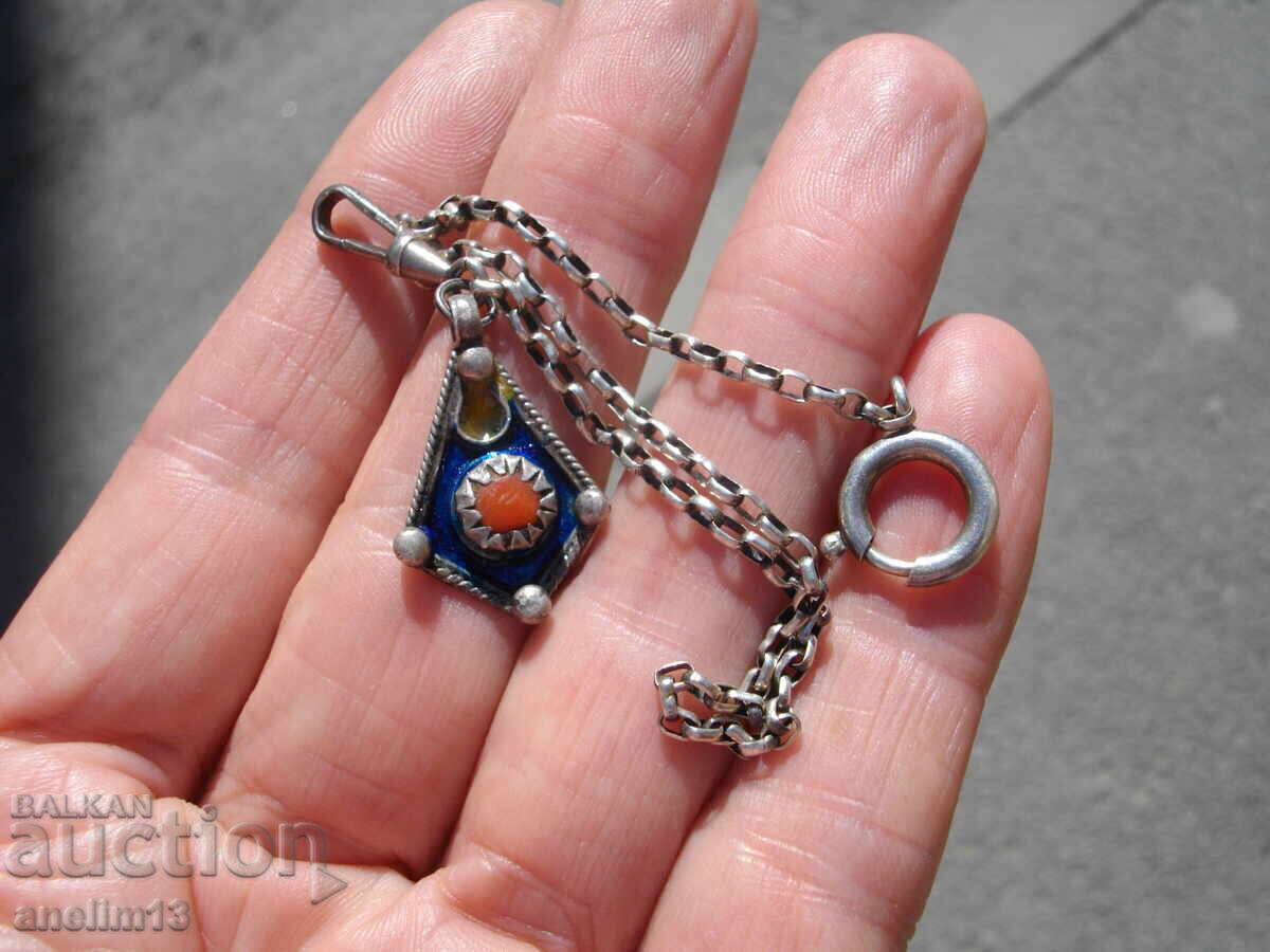 STAR SILVER PENDANT FOR POCKET WATCH SILVER ENAMEL CORAL - 6 STAR SILVER PENDANT FOR POCKET WATCH SILVER ENAMEL CORAL - 6