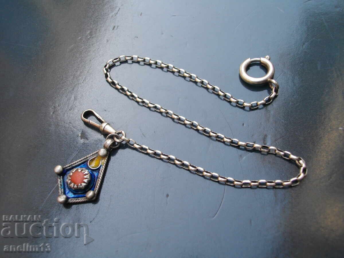 STAR SILVER PENDANT FOR POCKET WATCH SILVER ENAMEL CORAL STAR SILVER PENDANT FOR POCKET WATCH SILVER ENAMEL CORAL