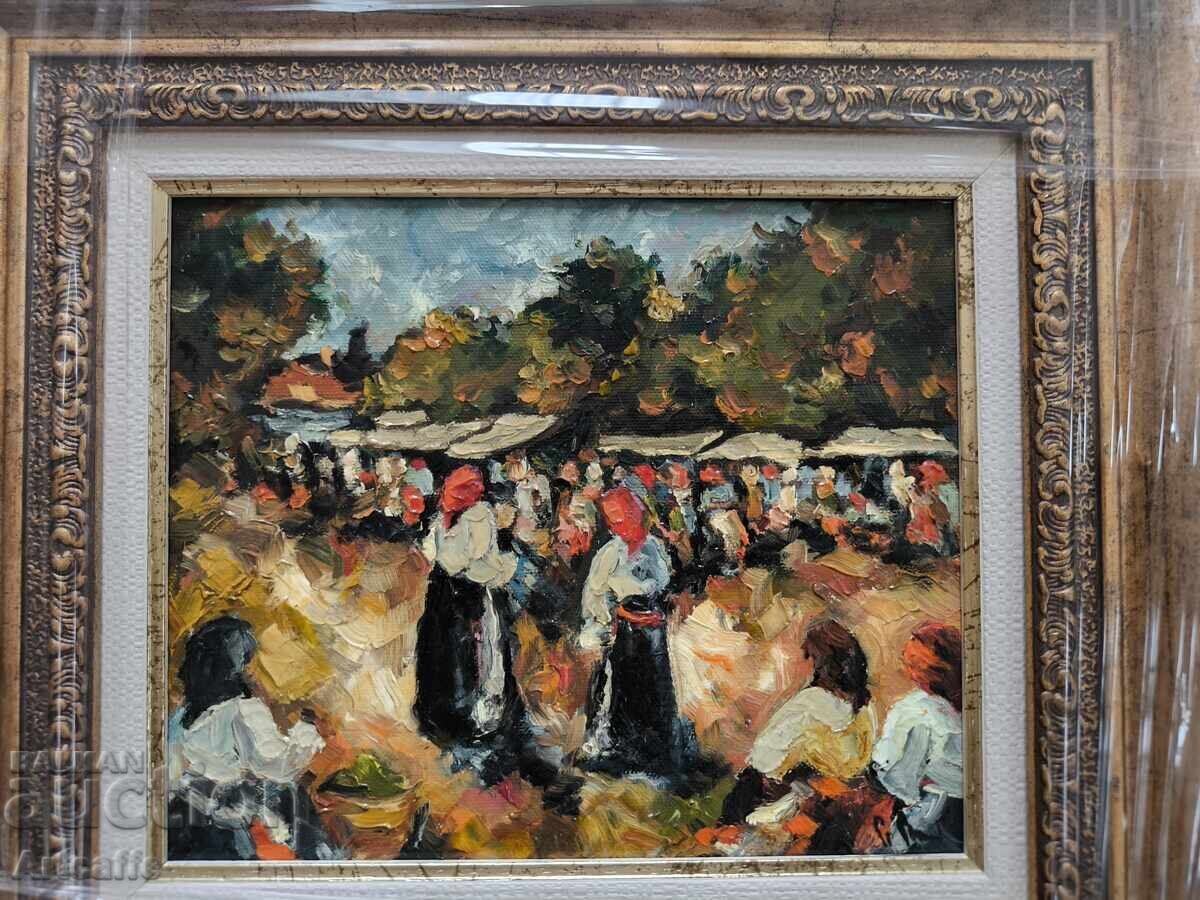 Delivery of Market - old painting, oil, framed and signed