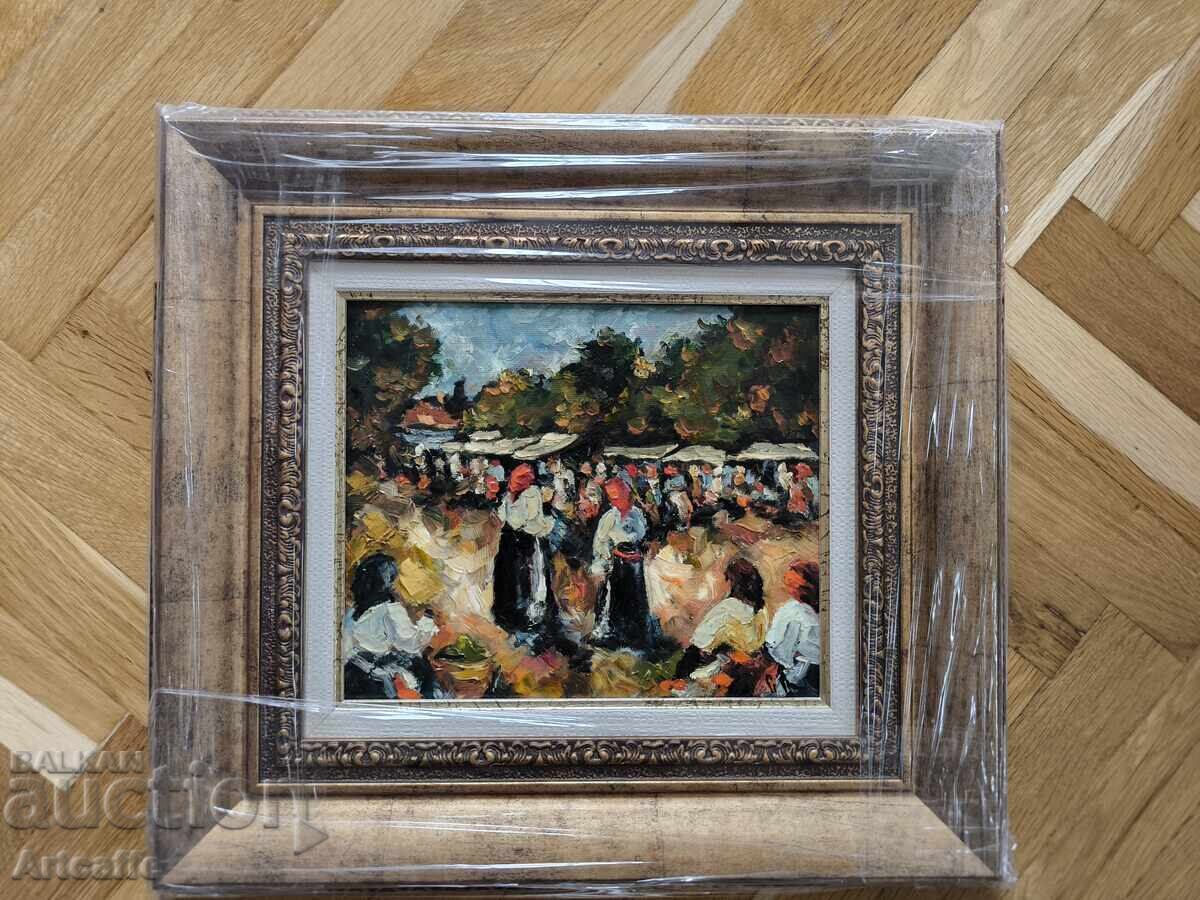 Market - old painting, oil, framed and signed - 5