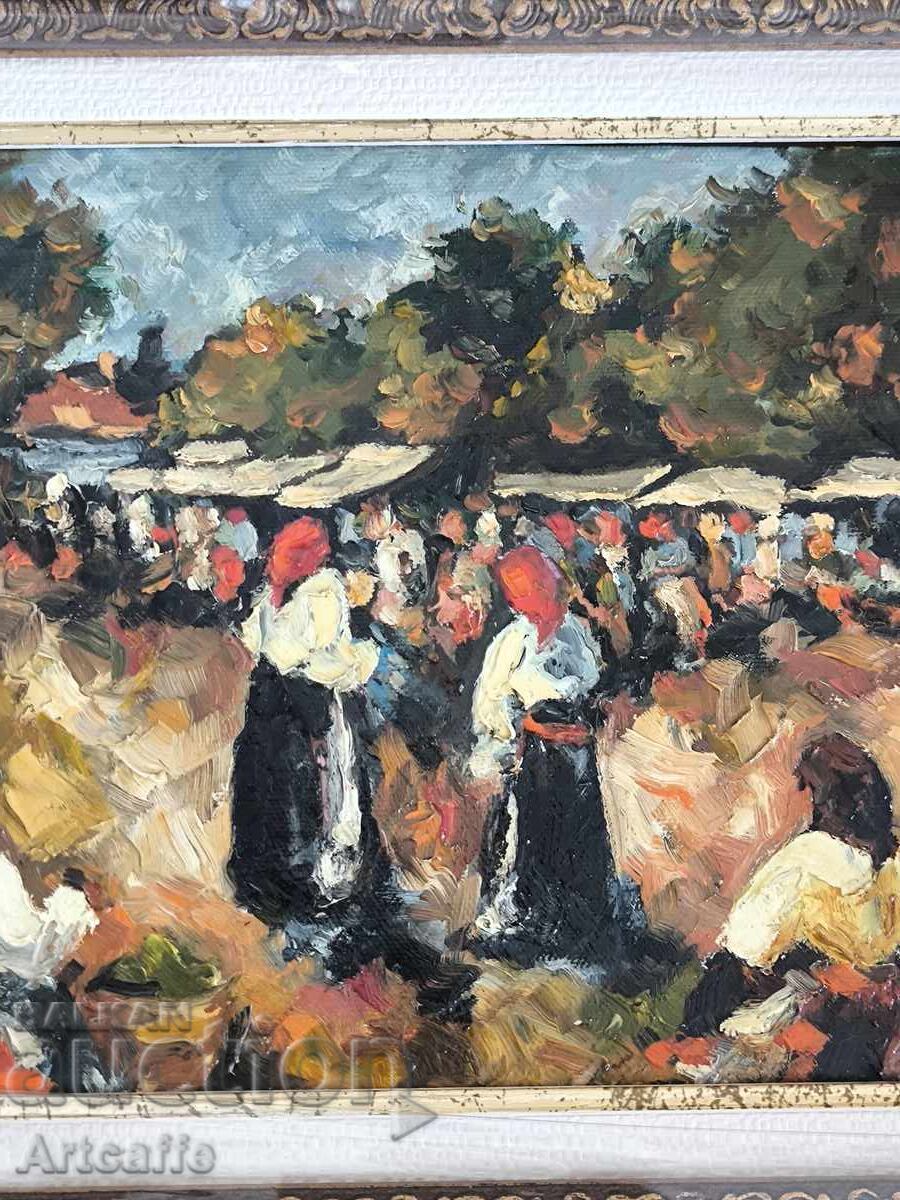 Market - old painting, oil, framed and signed - 7