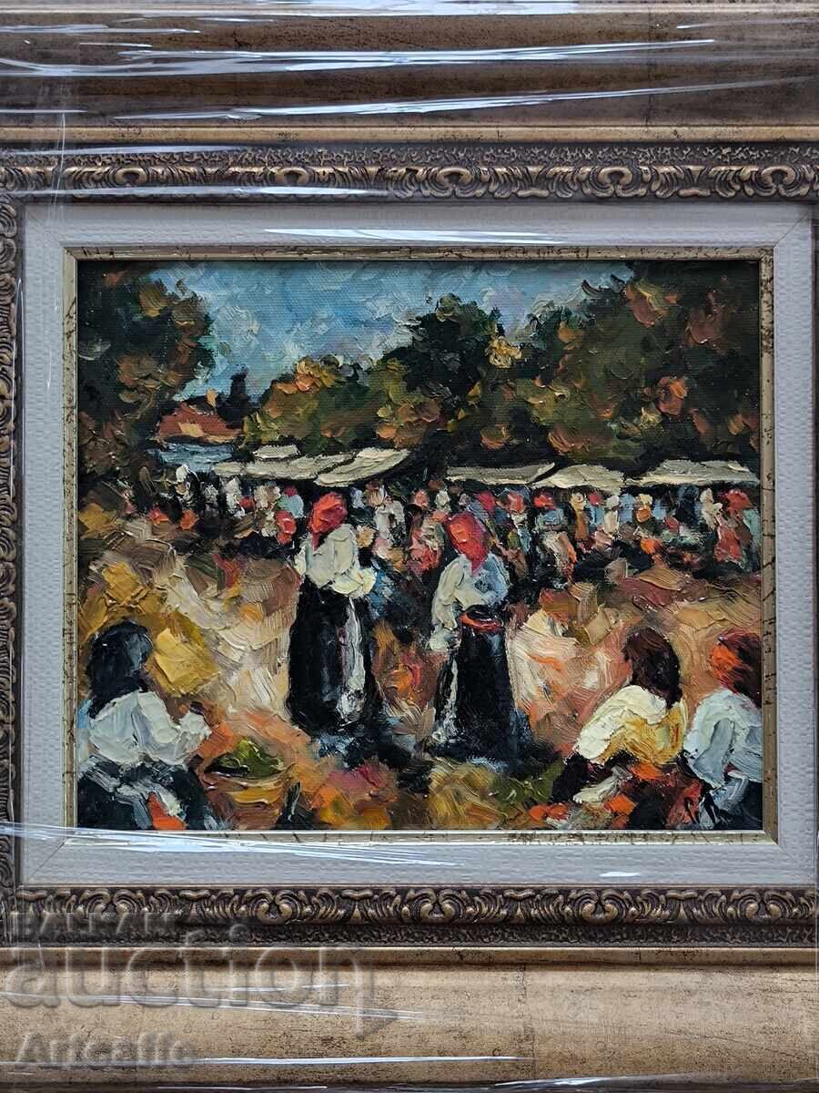 Market - old painting, oil, framed and signed