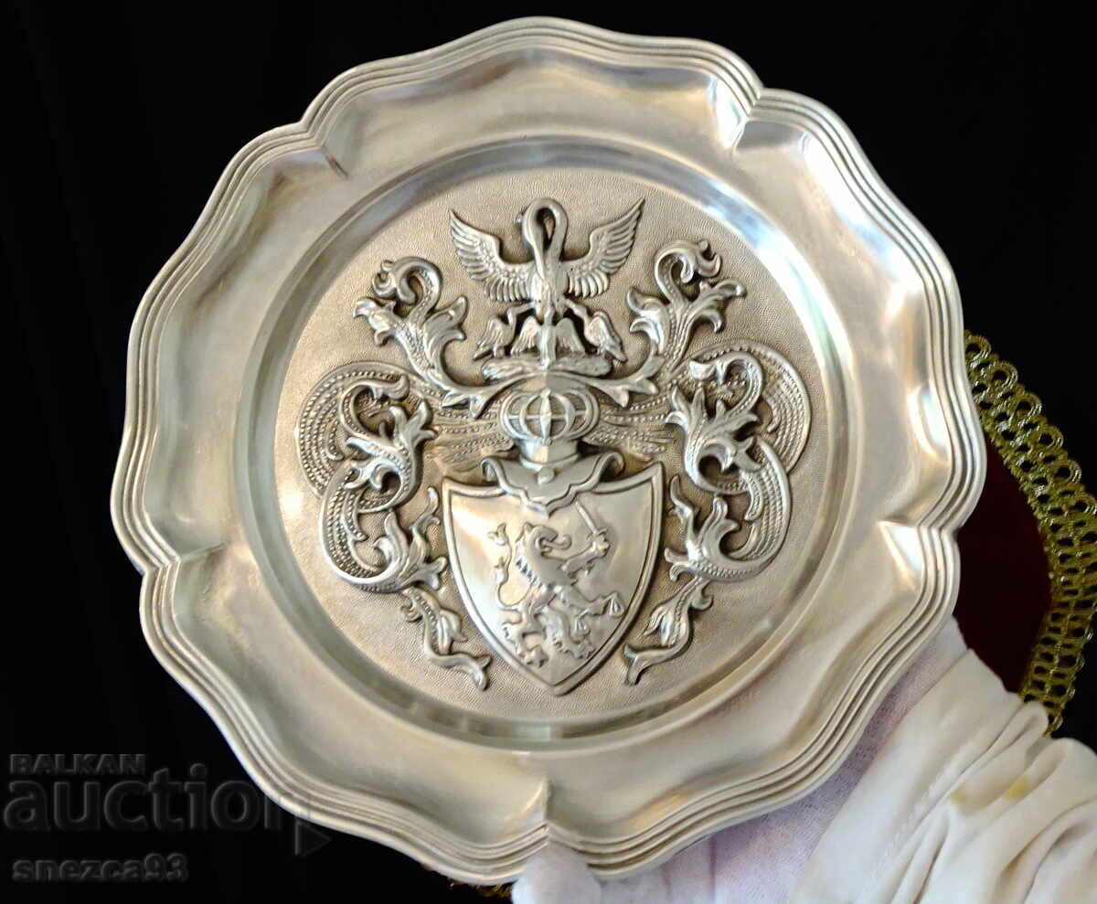 Pewter plate, pewter panel with family symbols, pewter