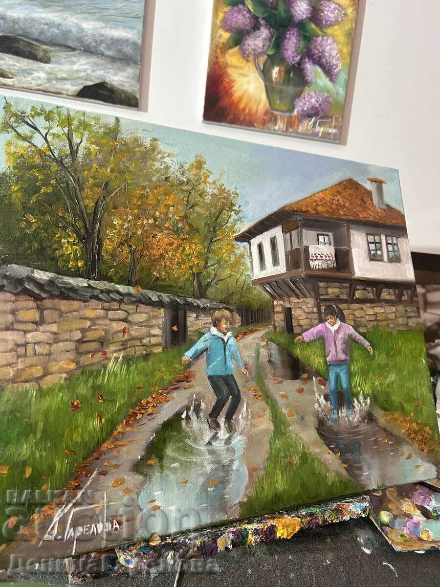Auction  Denitsa Garelova painting 50/40 "Let's jump in puddles!"