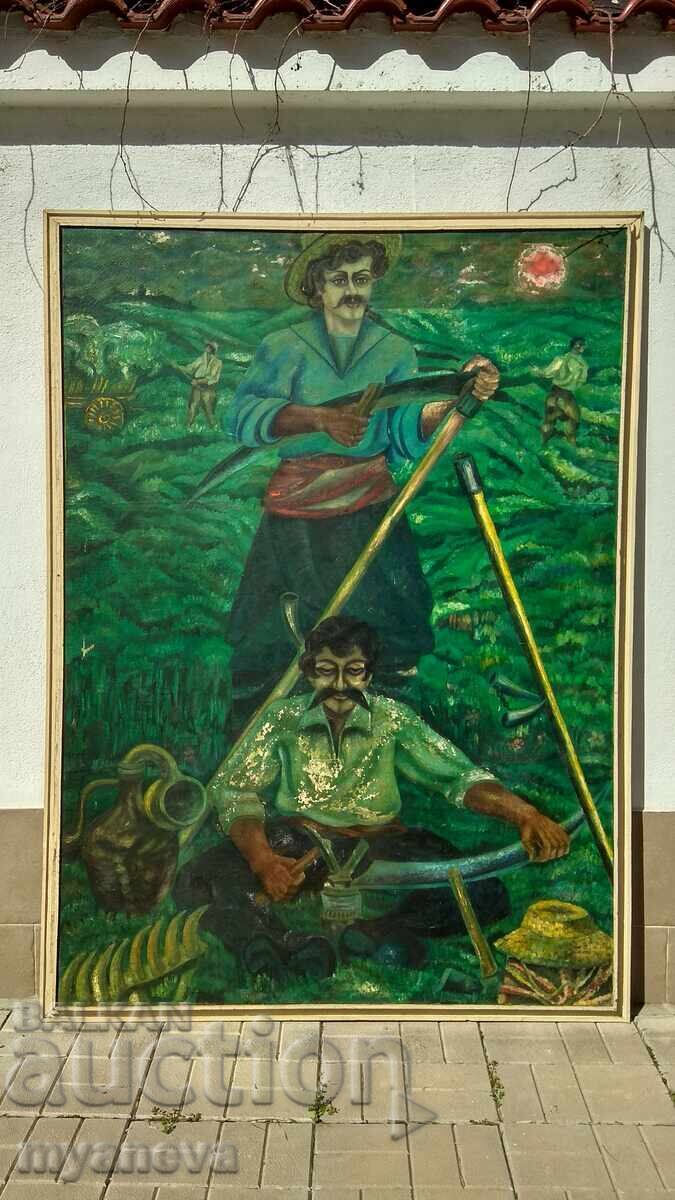 Old painting from the Socialist era, "Reapers" by Angel Rangelov with price 300.00 BGN | € 153.39