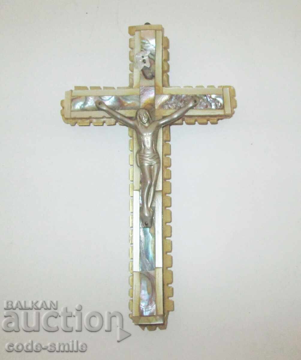Large, old, mother-of-pearl religious cross, wood and mother-of-pearl, Jerusalem