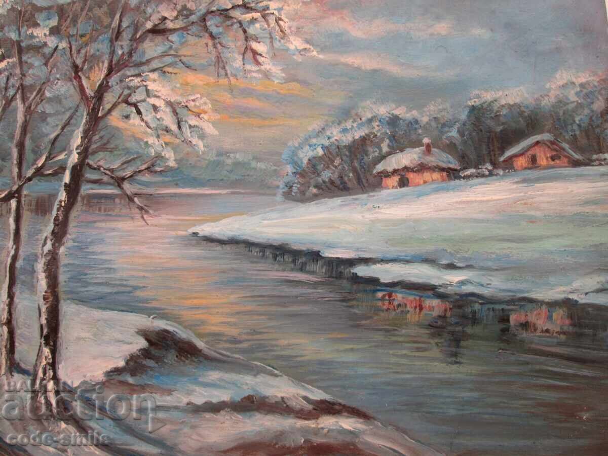 Παλαιό έργο ζωγραφικής χειμωνιάτικου τοπίου λάδι σε χαρτί με τιμή 100.00 BGN | € 51.13