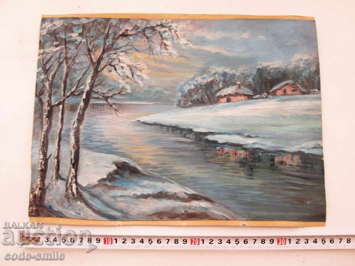 Παράδοση Παλαιό έργο ζωγραφικής χειμωνιάτικου τοπίου λάδι σε χαρτί