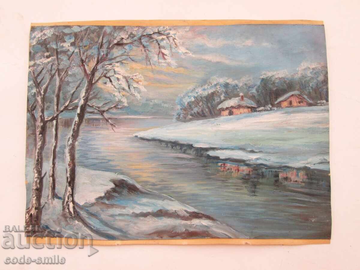 Παλαιό έργο ζωγραφικής χειμωνιάτικου τοπίου λάδι σε χαρτί