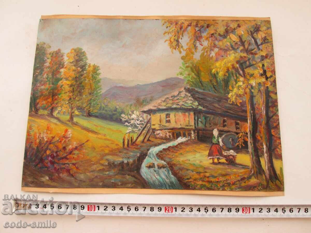 Παλαιός πίνακας ζωγραφικής αγροτικού τοπίου λάδι σε χαρτί με τιμή 150.00 BGN | € 76.69