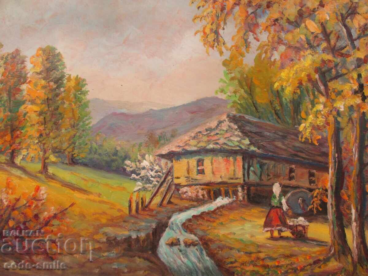 Δημοπρασία Παλαιός πίνακας ζωγραφικής αγροτικού τοπίου λάδι σε χαρτί