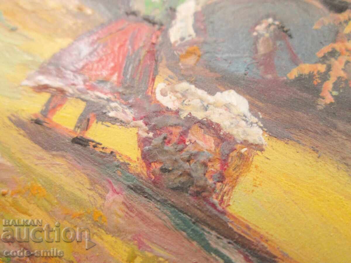 Παλαιός πίνακας ζωγραφικής αγροτικού τοπίου λάδι σε χαρτί - 5