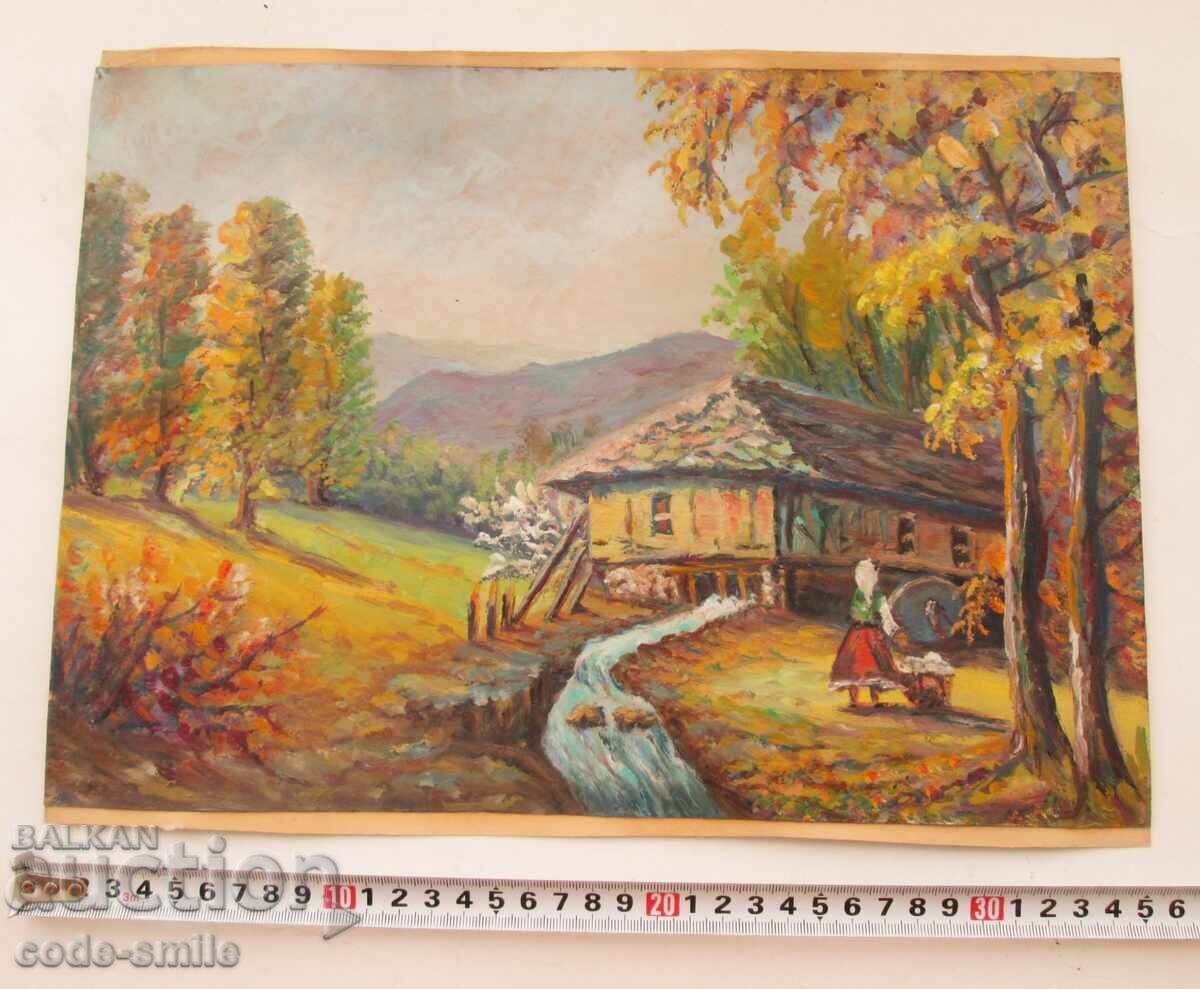 Παλαιός πίνακας ζωγραφικής αγροτικού τοπίου λάδι σε χαρτί - 7