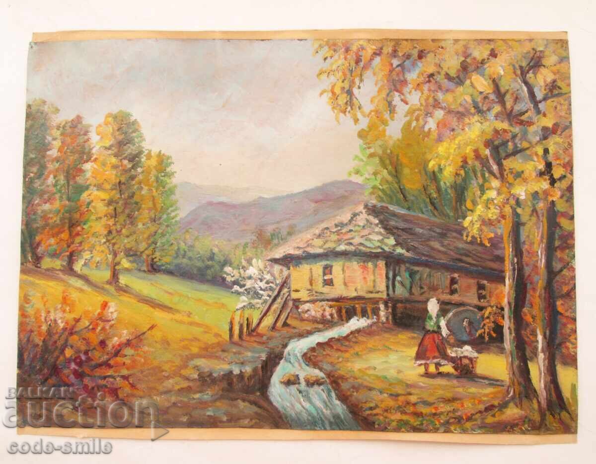 Παλαιός πίνακας ζωγραφικής αγροτικού τοπίου λάδι σε χαρτί