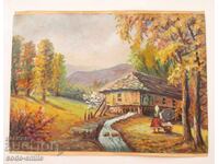 Παλαιός πίνακας ζωγραφικής αγροτικού τοπίου λάδι σε χαρτί