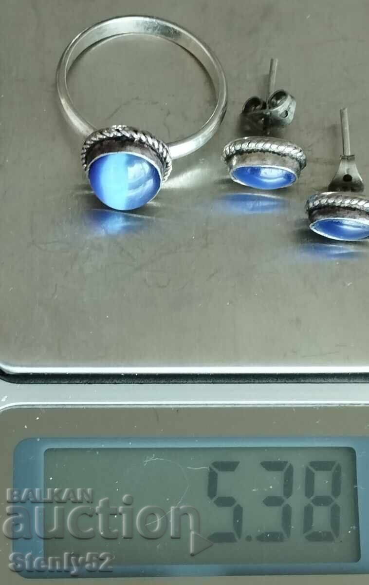 Σετ Ασημένια Σκουλαρίκια με Δαχτυλίδι 5.38 γρ. μπλε πέτρα