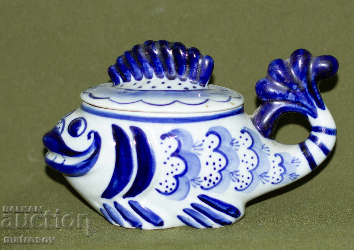 Auction  Russian porcelain teapot, fish, Gzhel