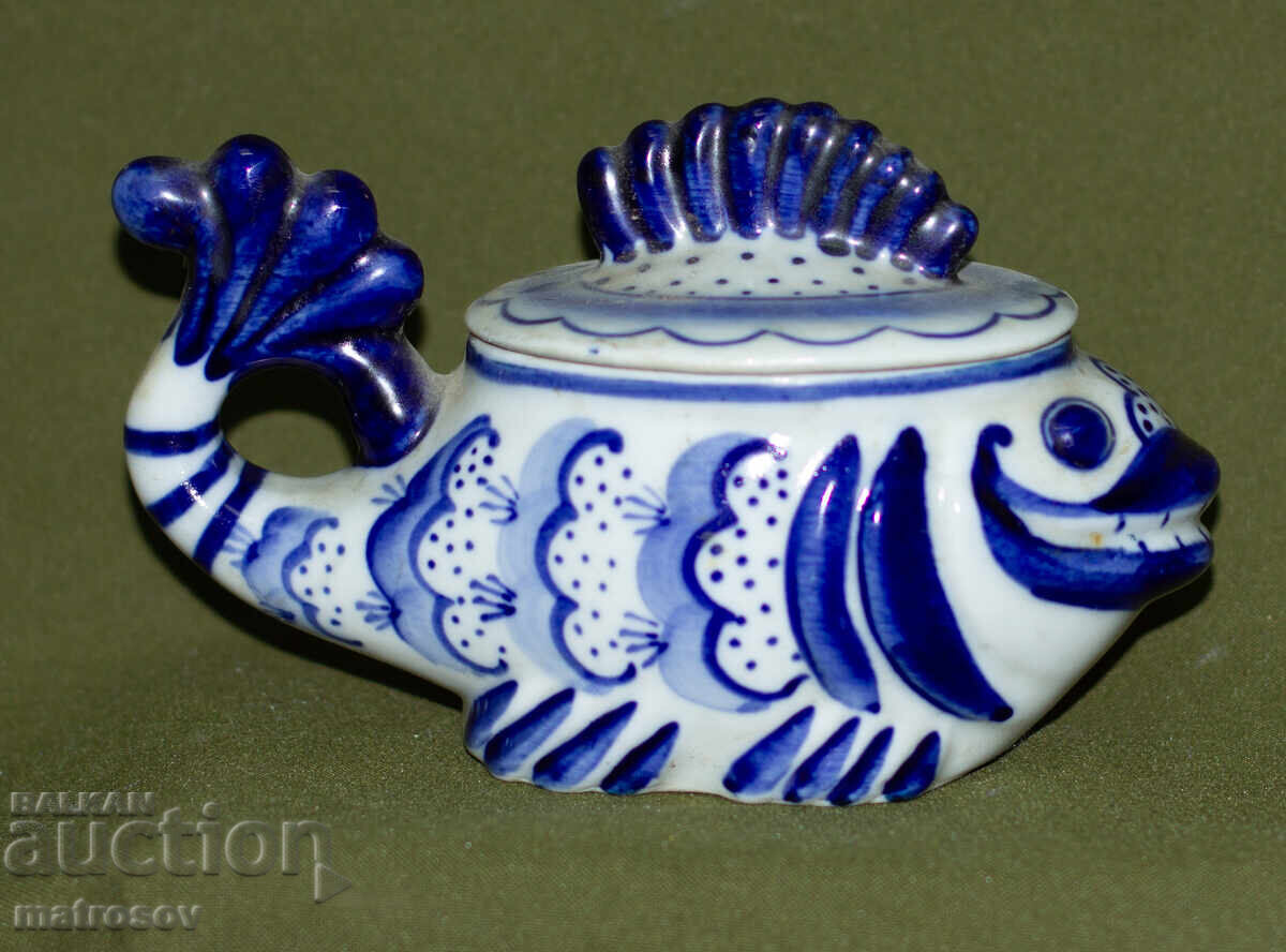 Russian porcelain teapot, fish, Gzhel