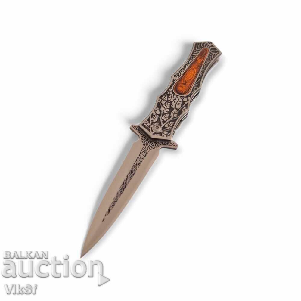 Auction Folding knife with engraved handle and dagger-style blade 95x230 Auction Folding knife with engraved handle and dagger-style blade 95x230