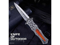 Folding knife with engraved handle and dagger-style blade 95x230