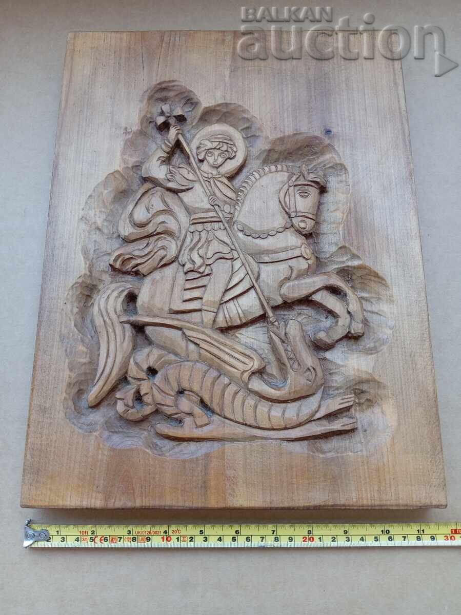 Sfântul Gheorghe ucide balaurul icoană sculptură în lemn operă de artă cu preț 131.00 BGN | € 66.98