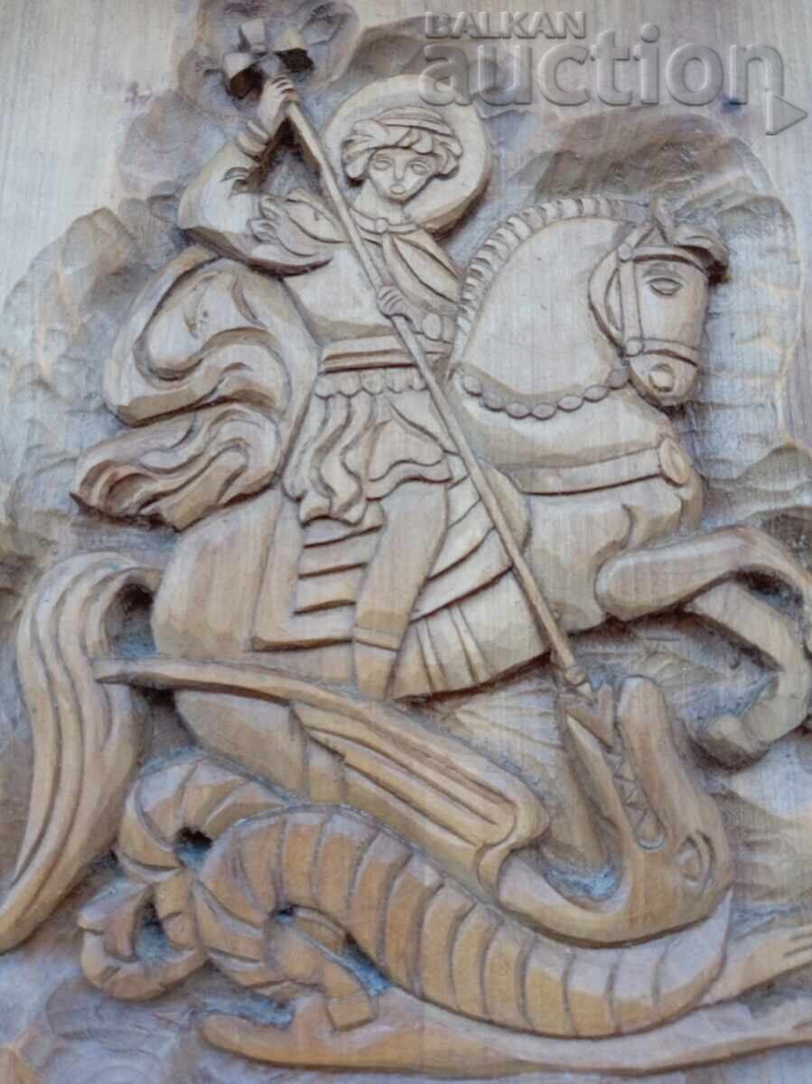 Livrarea Sfântul Gheorghe ucide balaurul icoană sculptură în lemn operă de artă
