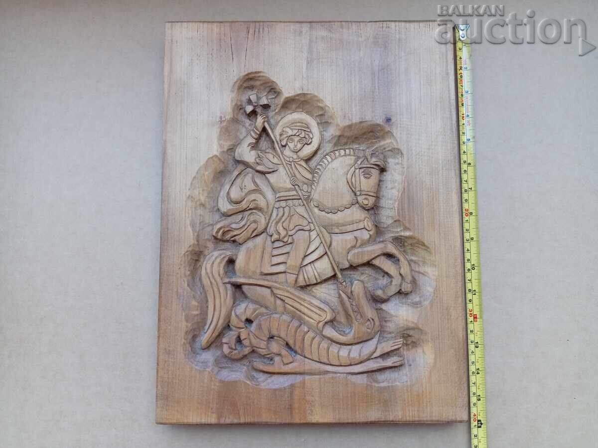 Sfântul Gheorghe ucide balaurul icoană sculptură în lemn operă de artă
