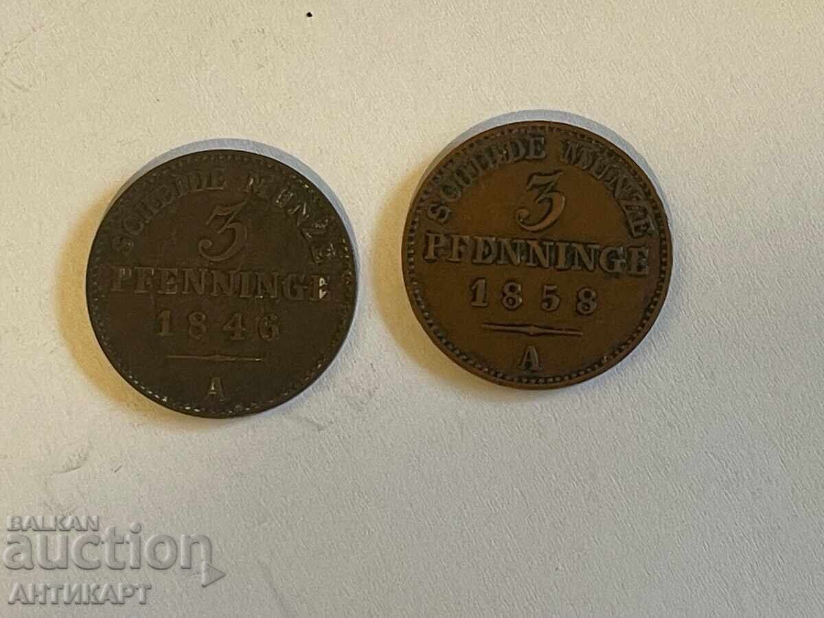 Germany 2 coins of 3 pfennigs 1846 and 1858