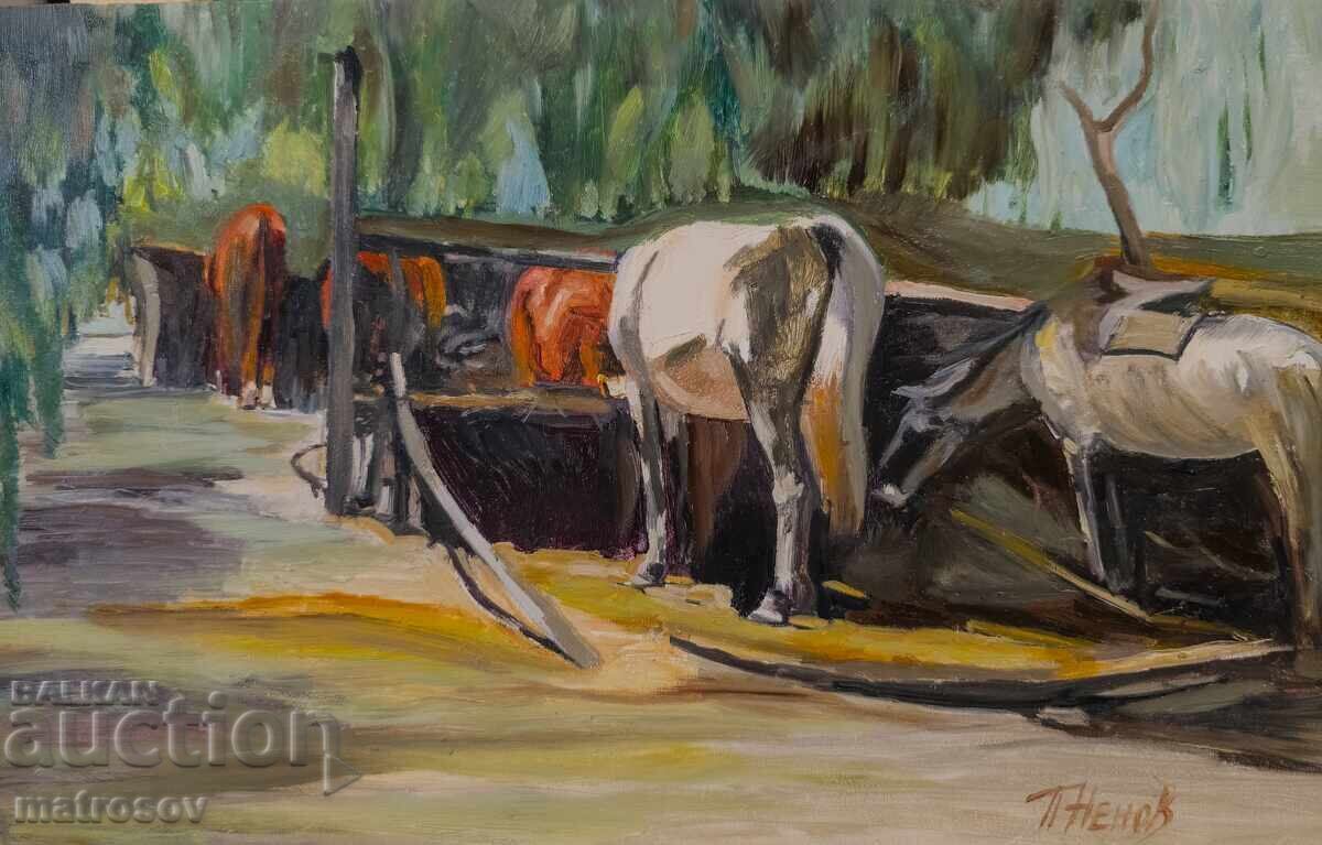 Πέταρ Νένοφ, τοπίο με άλογα, ελαιογραφίες