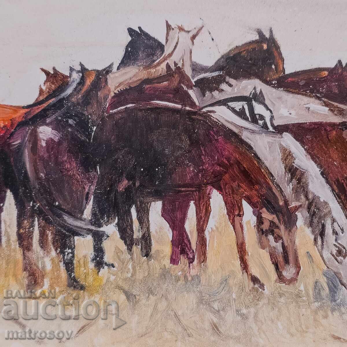 Παράδοση Πέταρ Νένοφ, τοπίο Άλογα που βόσκουν, ελαιογραφία