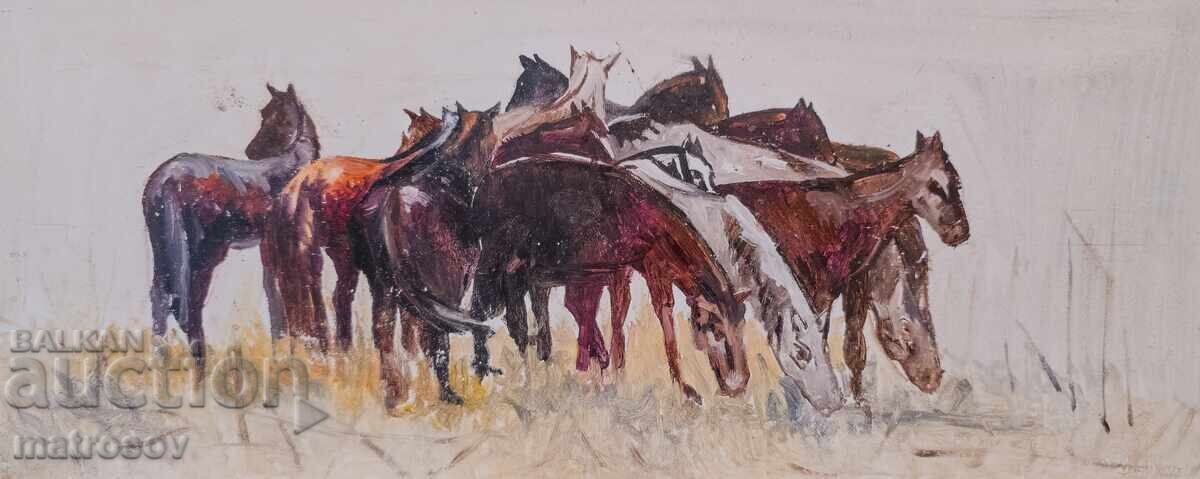 Πέταρ Νένοφ, τοπίο Άλογα που βόσκουν, ελαιογραφία - 6