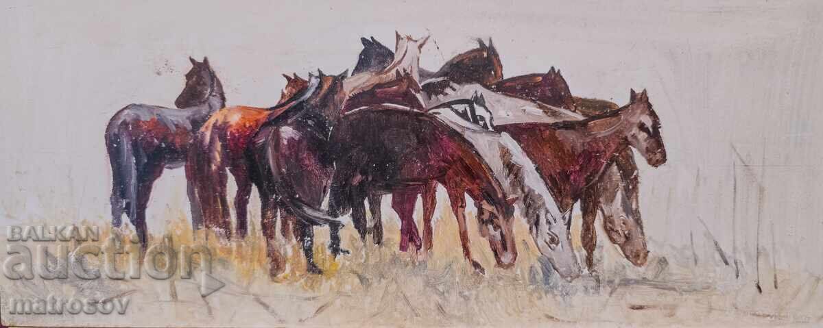 Πέταρ Νένοφ, τοπίο Άλογα που βόσκουν, ελαιογραφία