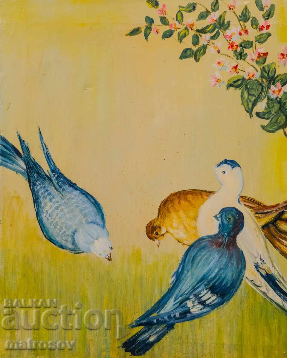 Μπόρις Τσάνοφ πίνακας ζωγραφικής με λάδι, τοπίο με πουλιά με τιμή 300.00 BGN | € 153.39
