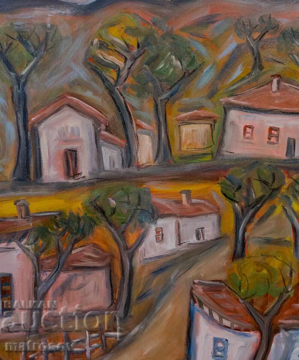 Πέταρ Ντόμουτσιεφ, ελαιογραφία, τοπίο με σπίτια με τιμή 350.00 BGN | € 178.95