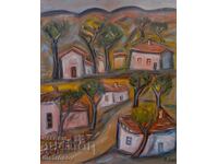 Petăr Domuschiev, pictură în ulei, peisaj cu case