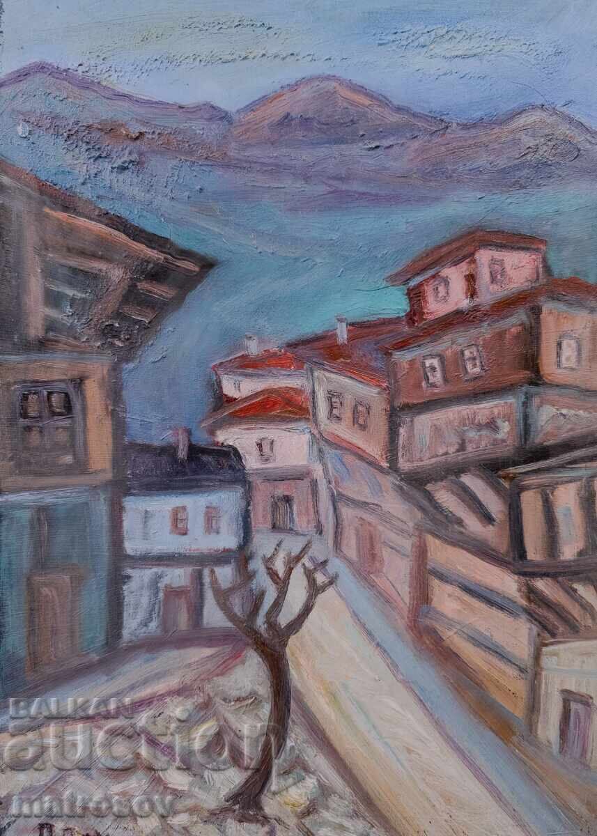 Petăr Domuschiev, pictură în ulei, peisaj cu case cu preț 350.00 BGN | € 178.95 Petăr Domuschiev, pictură în ulei, peisaj cu case cu preț 350.00 BGN | € 178.95