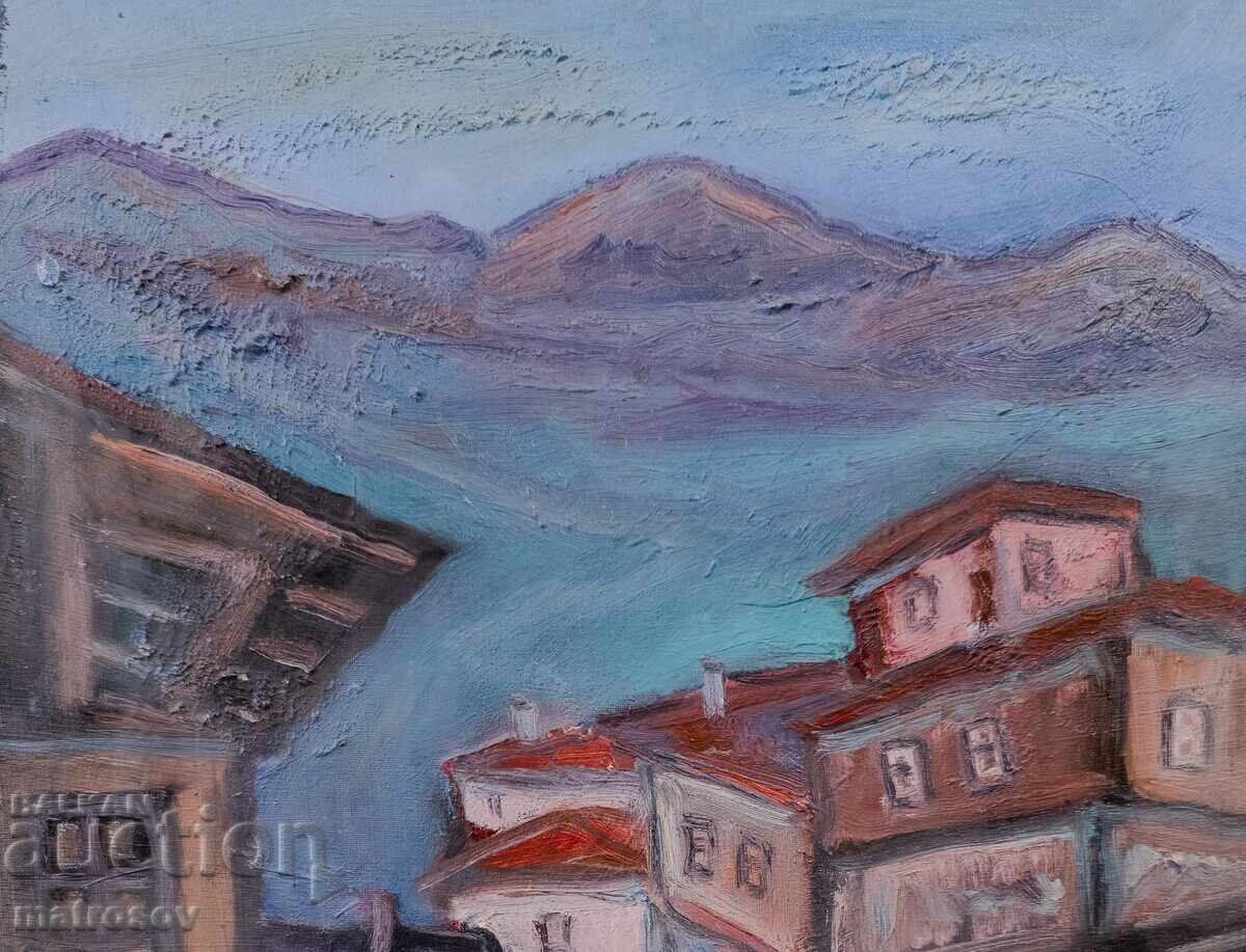 Licitație Petăr Domuschiev, pictură în ulei, peisaj cu case Licitație Petăr Domuschiev, pictură în ulei, peisaj cu case