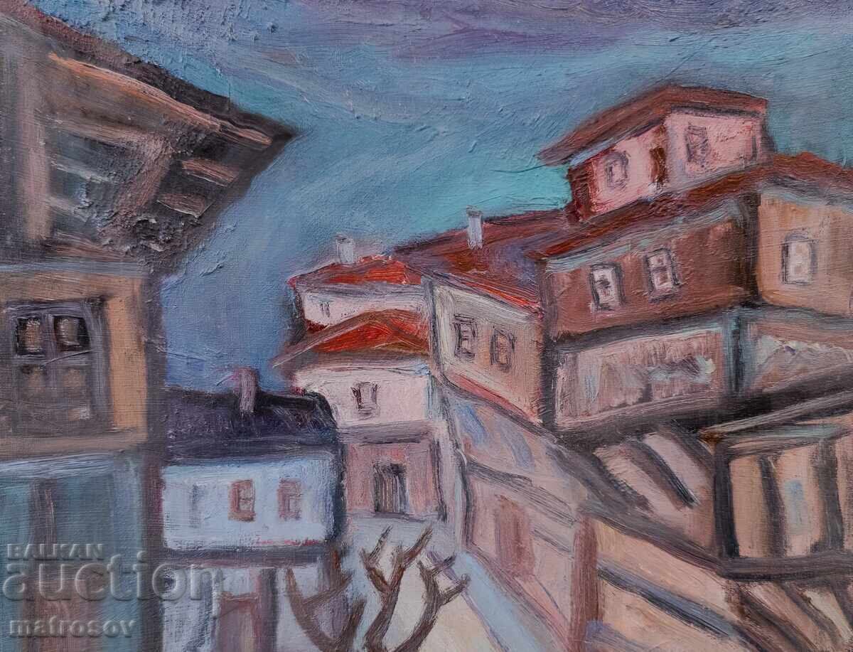 Livrarea Petăr Domuschiev, pictură în ulei, peisaj cu case Livrarea Petăr Domuschiev, pictură în ulei, peisaj cu case