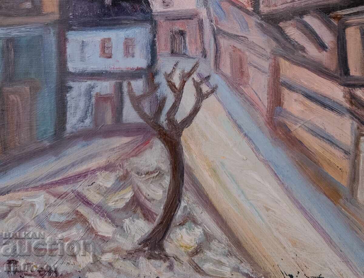 Petăr Domuschiev, pictură în ulei, peisaj cu case - 6 Petăr Domuschiev, pictură în ulei, peisaj cu case - 6