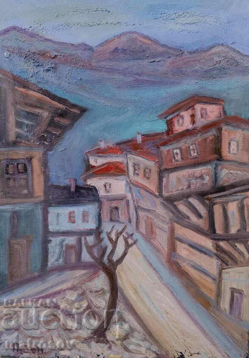 Petăr Domuschiev, pictură în ulei, peisaj cu case Petăr Domuschiev, pictură în ulei, peisaj cu case