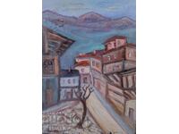 Petăr Domuschiev, pictură în ulei, peisaj cu case