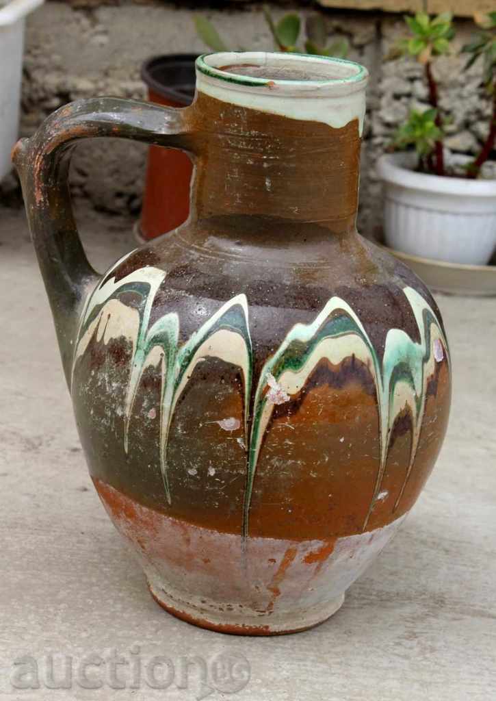 Auction Old Ceramic Painted Jug, Large Mouth, Bucket Auction Old Ceramic Painted Jug, Large Mouth, Bucket